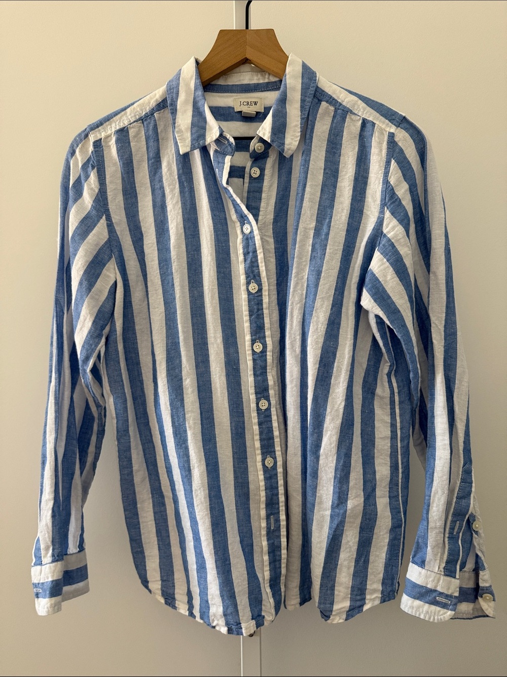 J. Crew blue & white vertical stripe linen button down shirt small